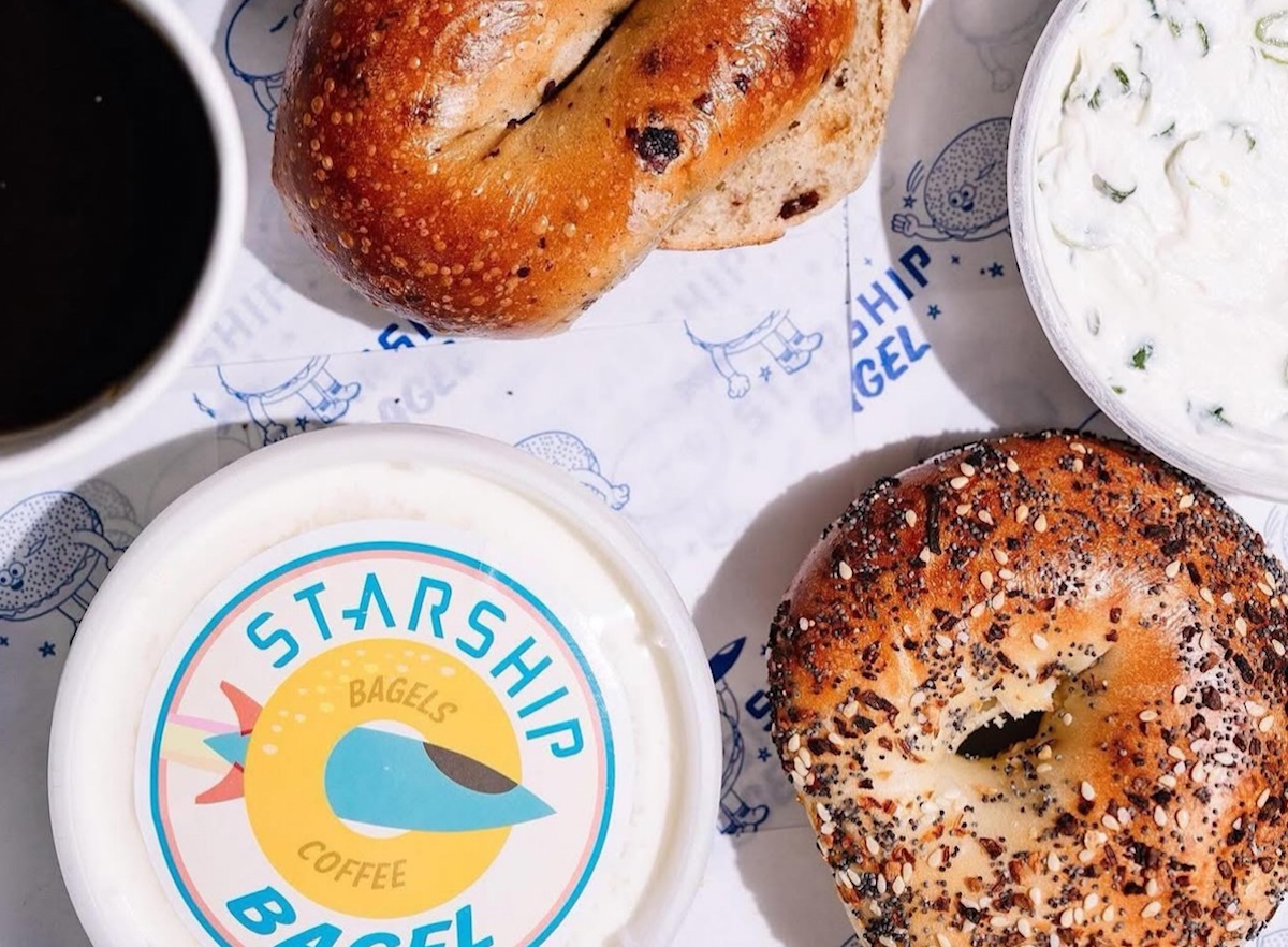A spread of bagels, cream cheese, and coffee at Starship Bagel. | Photo by Starship Bagel
