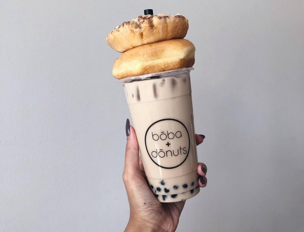 IMG_6348 - DiningOut Dallas A double donut topped boba tea at Boba + Donuts. | Photo by Boba + Donuts